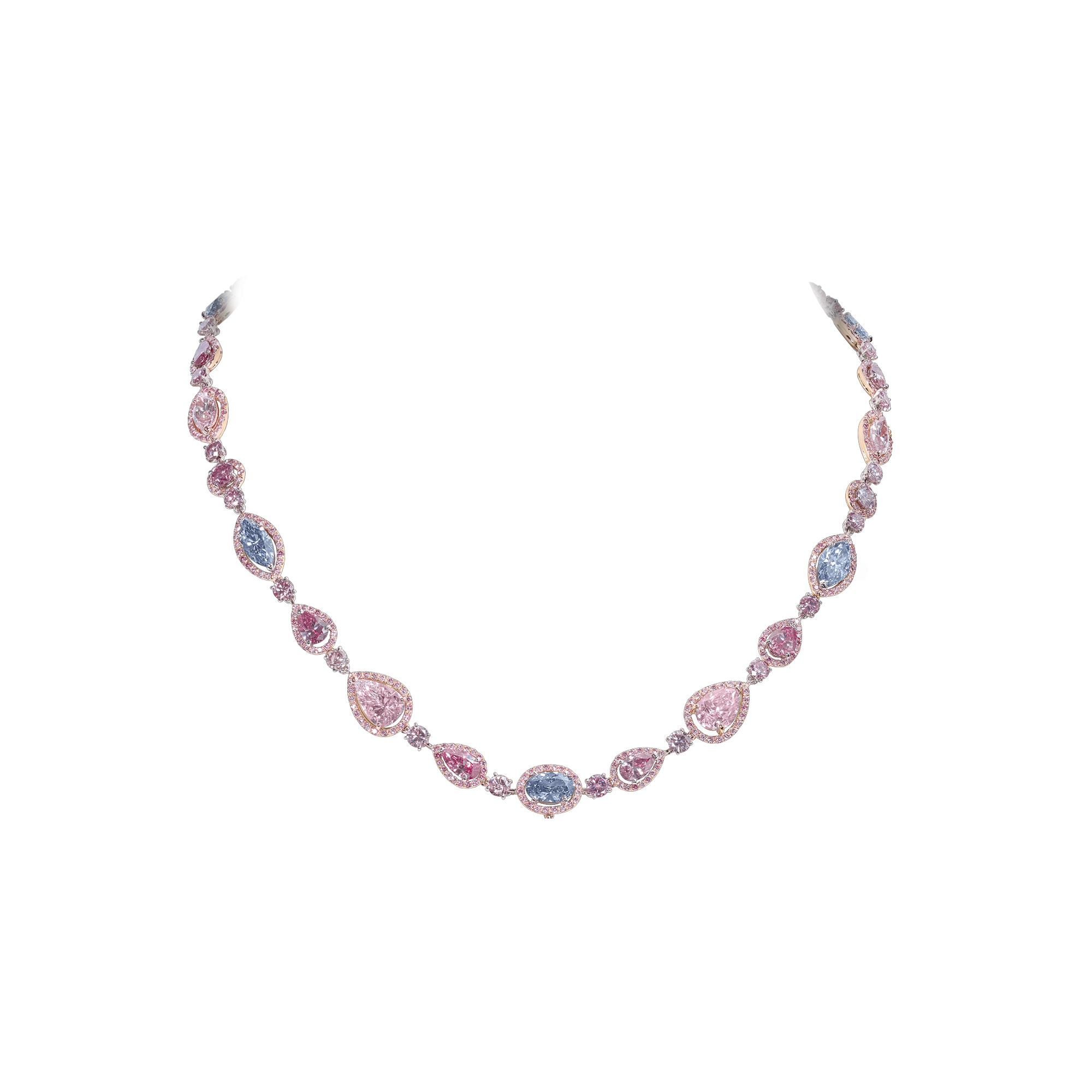 Diamond Sun Ray Necklace in White Diamond, Blue Diamond and Pink Diamo